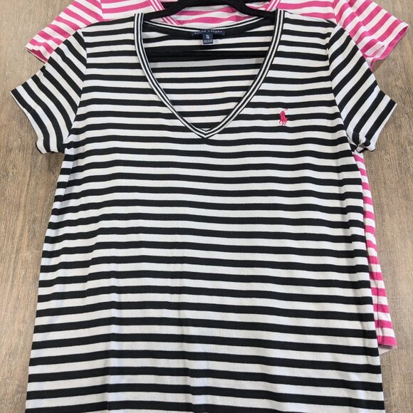Ralph Lauren T Shirt Top LOT of 2 Womens XL Black Pink Striped V Neck Short Slv - Picture 2 of 9